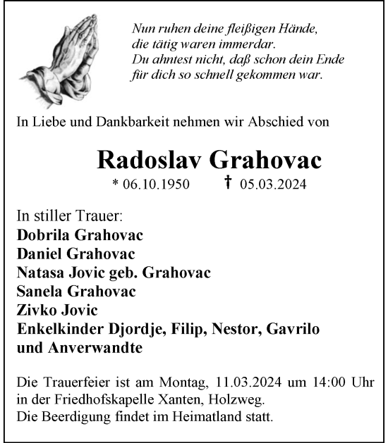 Traueranzeige von Radoslav Grahovac von Rheinische Post