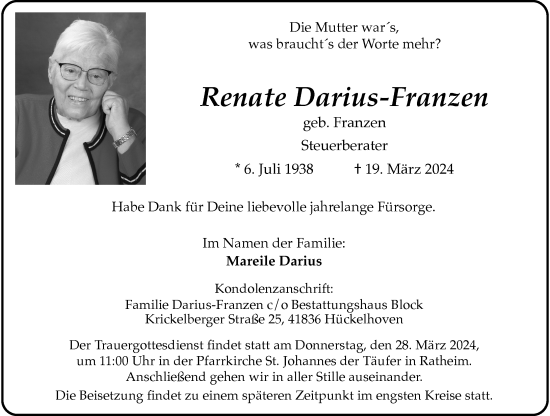 Traueranzeige von Renate Darius-Franzen von Rheinische Post