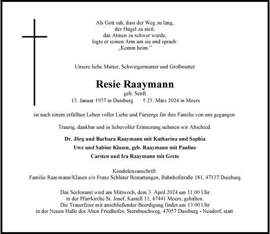 Traueranzeige von Resie Raaymann von Rheinische Post
