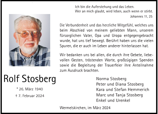 Traueranzeige von Rolf Stosberg von Rheinische Post