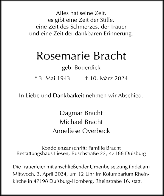 Traueranzeige von Rosemarie Bracht von Rheinische Post