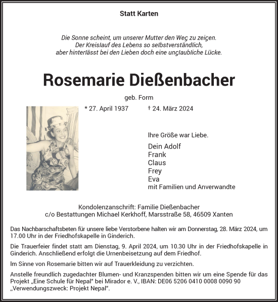 Traueranzeige von Rosemarie Dießenbacher von Rheinische Post