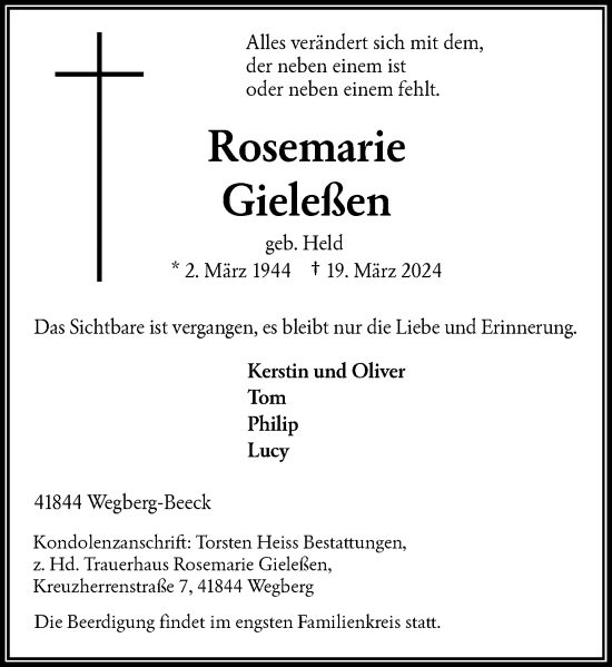 Traueranzeige von Rosemarie Gieleßen von Rheinische Post