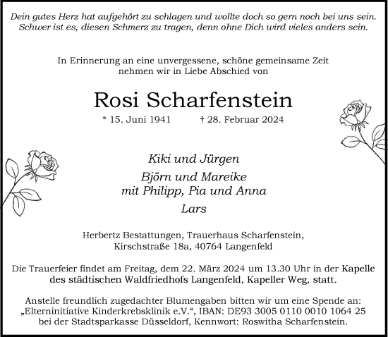 Traueranzeige von Rosi Scharfenstein von Rheinische Post
