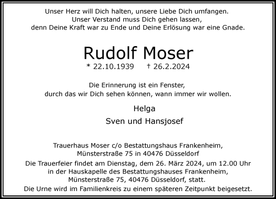 Traueranzeige von Rudolf Moser von Rheinische Post