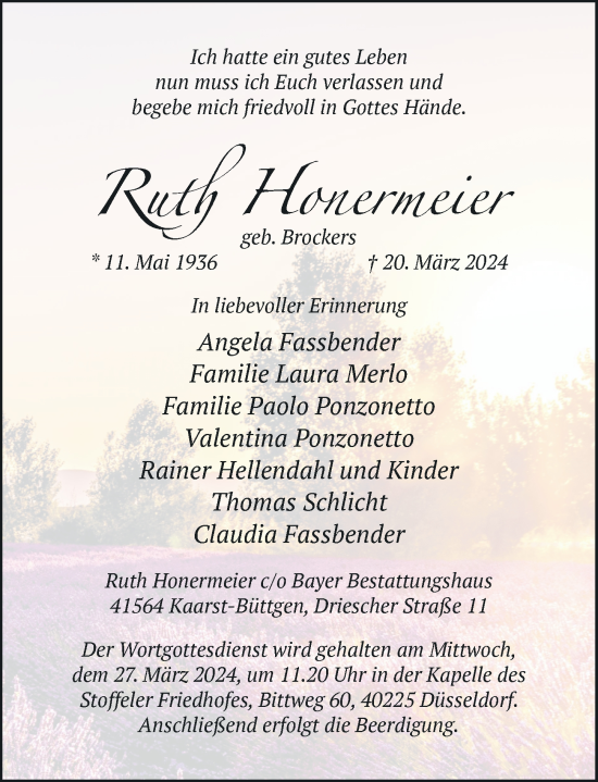 Traueranzeige von Ruth Honermeier von Rheinische Post