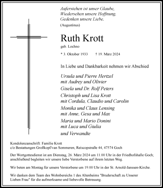 Traueranzeige von Ruth Krott von Rheinische Post