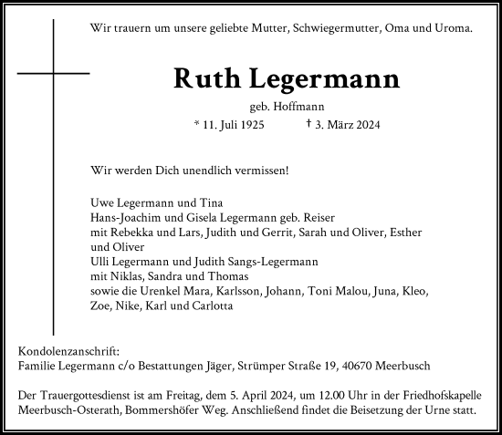 Traueranzeige von Ruth Legermann von Rheinische Post