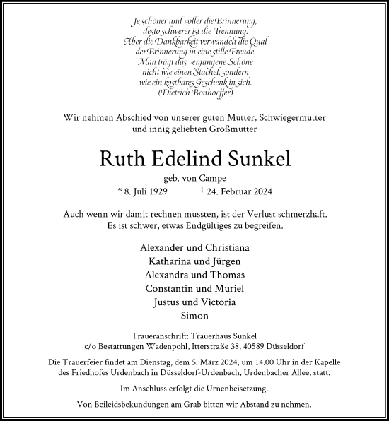 Traueranzeige von Ruth Edelind Sunkel von Rheinische Post