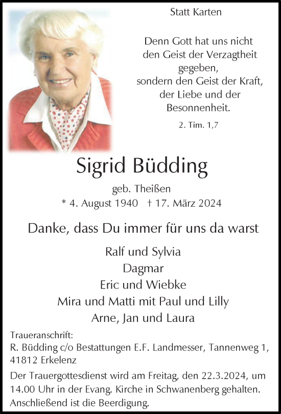 Traueranzeige von Sigrid Büdding von Rheinische Post
