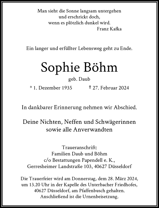 Traueranzeige von Sophie Böhm von Rheinische Post