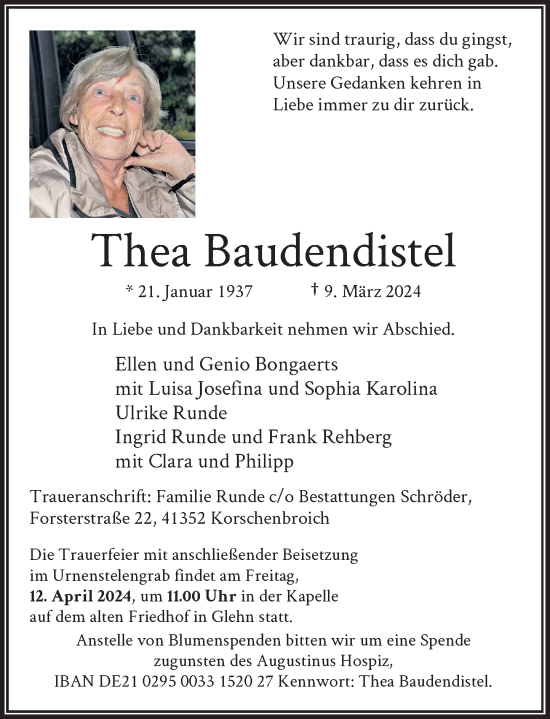 Traueranzeige von Thea Baudendistel von Rheinische Post