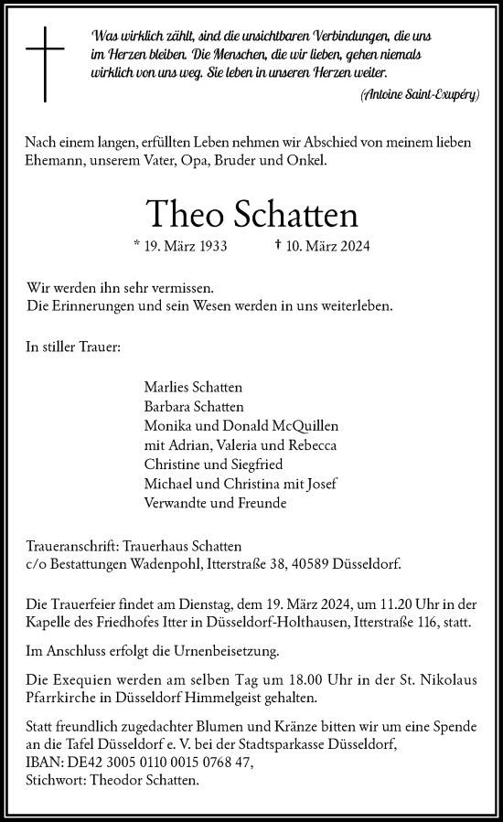 Traueranzeige von Theo Schatten von Rheinische Post