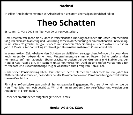 Traueranzeige von Theo Schatten von Rheinische Post