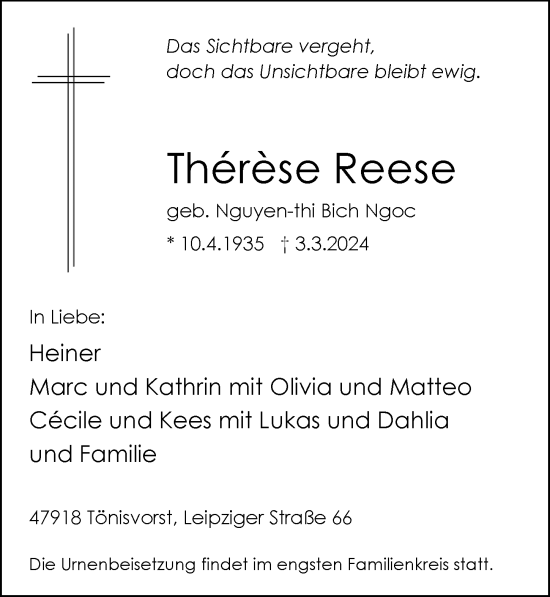 Traueranzeige von Therese Reese von Rheinische Post