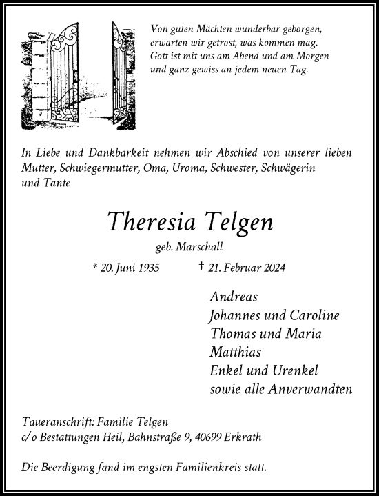 Traueranzeige von Theresia Telgen von Rheinische Post