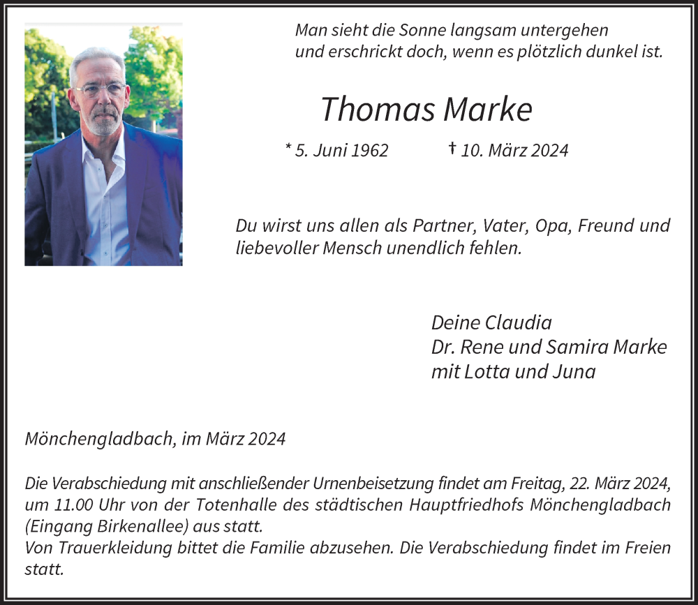  Traueranzeige für Thomas Marke vom 16.03.2024 aus Rheinische Post