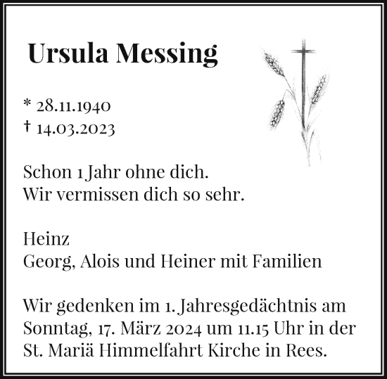 Traueranzeige von Ursula Messing von Rheinische Post