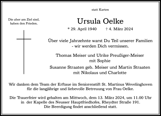 Traueranzeige von Ursula Oelke von Rheinische Post