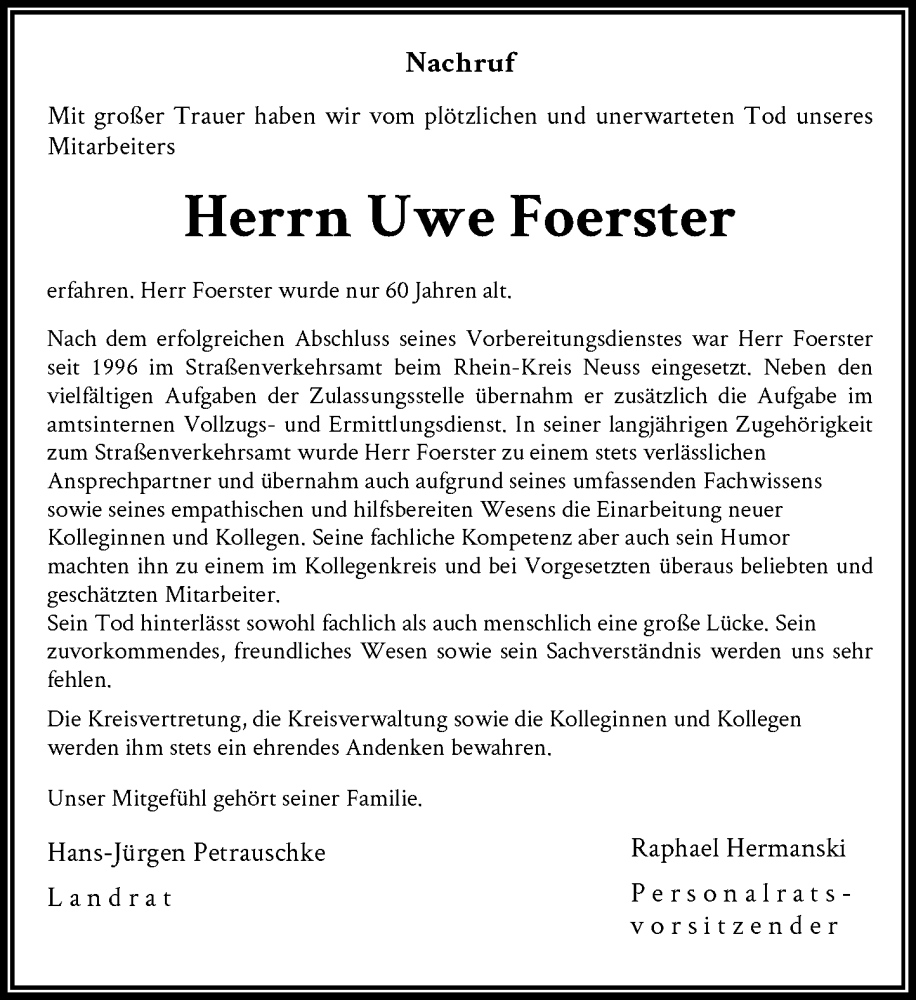  Traueranzeige für Uwe Foerster vom 23.03.2024 aus Rheinische Post