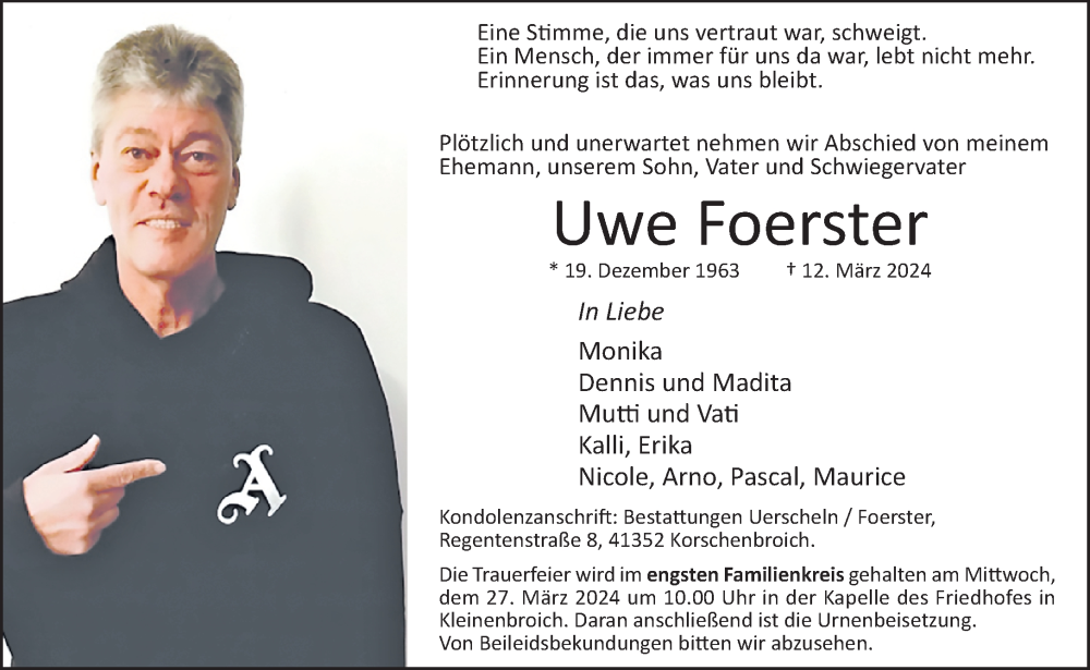  Traueranzeige für Uwe Foerster vom 16.03.2024 aus Rheinische Post