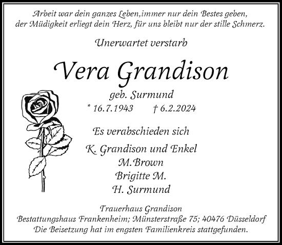 Traueranzeige von Vera Grandison von Rheinische Post