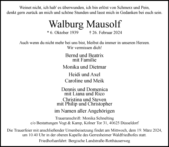 Traueranzeige von Walburg Mausolf von Rheinische Post