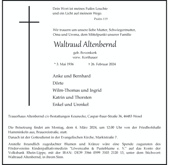 Traueranzeige von Waltraud Altenbernd von Rheinische Post