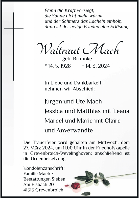 Traueranzeige von Waltraut Mach von Rheinische Post
