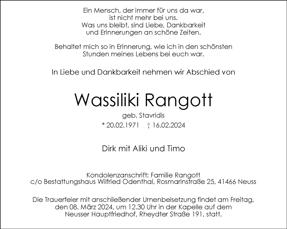 Traueranzeige für Wassiliki Rangott vom 02.03.2024 aus Rheinische Post