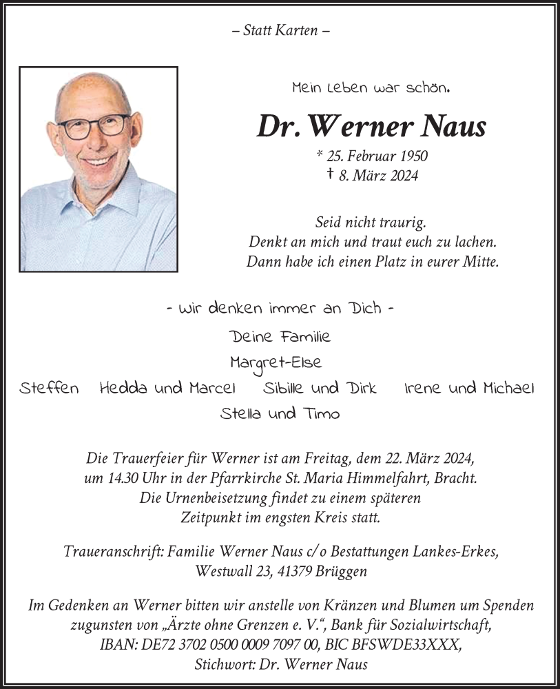  Traueranzeige für Werner Naus vom 13.03.2024 aus Rheinische Post