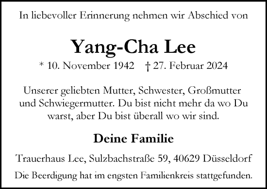Traueranzeige von Yang-Cha Lee von Rheinische Post
