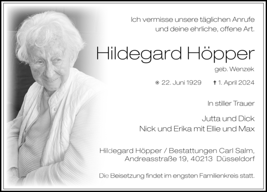 Traueranzeige von Hildegard Höpper von Rheinische Post