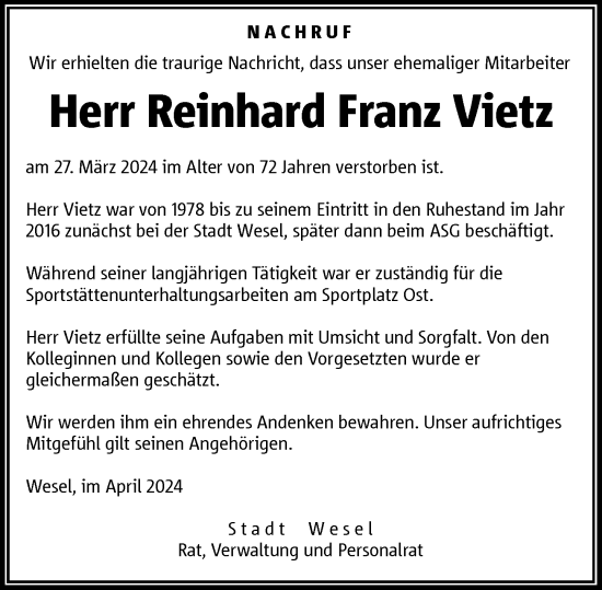 Traueranzeige von Reinhard Franz Vietz von Rheinische Post