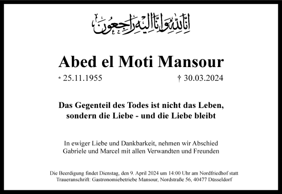 Traueranzeige von Abed el Moti Mansour von Rheinische Post