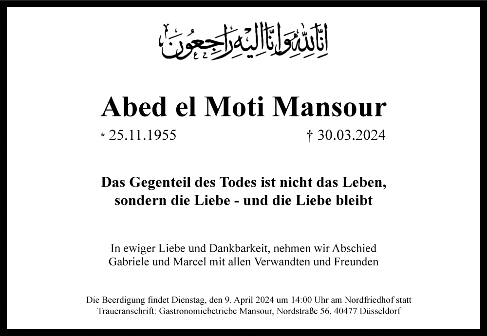  Traueranzeige für Abed el Moti Mansour vom 06.04.2024 aus Rheinische Post