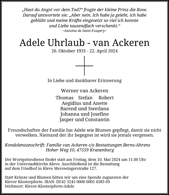 Traueranzeige von Adele Uhrlaub-van Ackeren von Rheinische Post