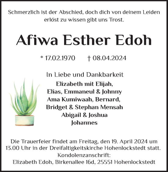 Traueranzeige von Afiwa Esther Edoh von Rheinische Post