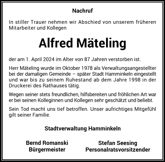 Traueranzeige von Alfred Mäteling von Rheinische Post