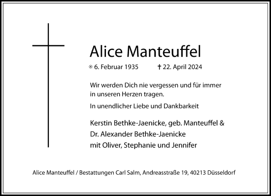 Traueranzeige von Alice Manteuffel von Rheinische Post