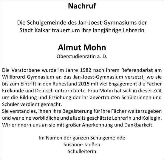 Traueranzeige von Almut Mohn von Rheinische Post