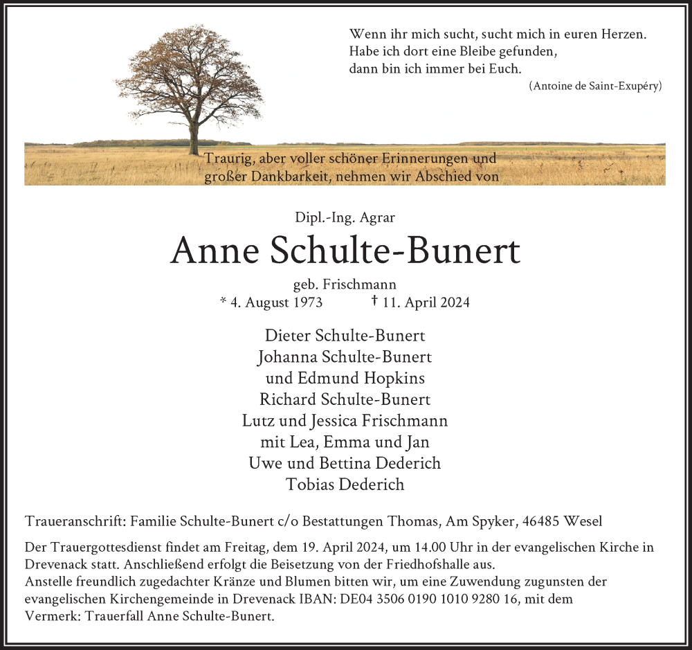  Traueranzeige für Anne Schulte-Bunert vom 16.04.2024 aus Rheinische Post