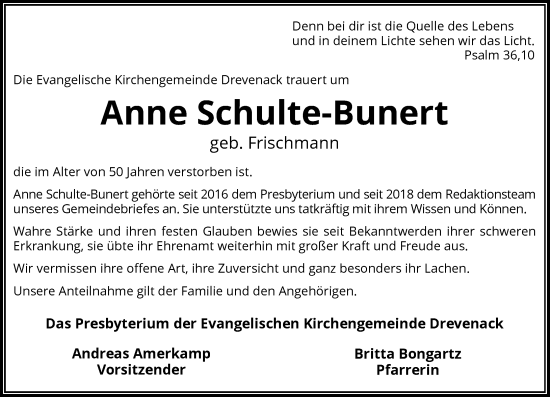 Traueranzeige von Anne Schulte-Bunert von Rheinische Post