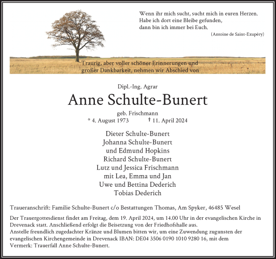 Traueranzeige von Anne Schulte-Bunert von Rheinische Post