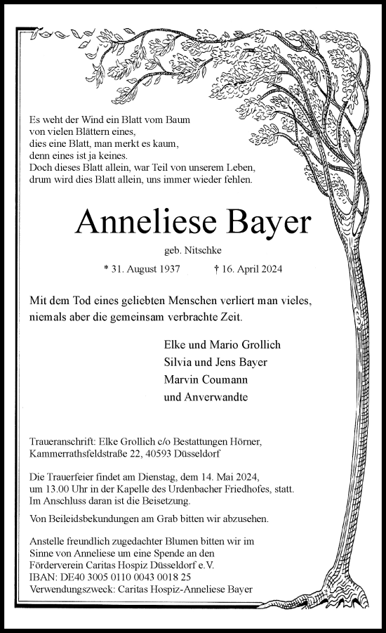Traueranzeige von Anneliese Bayer von Rheinische Post