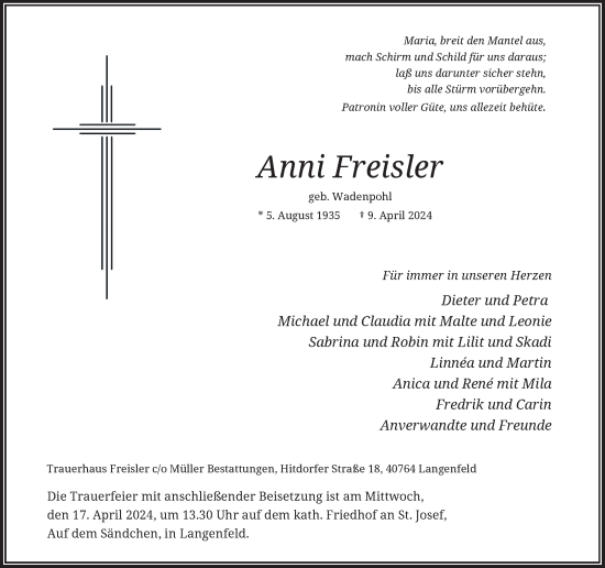 Traueranzeige von Anni Freisler von Rheinische Post