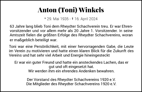 Traueranzeige von Anton Winkels von Rheinische Post