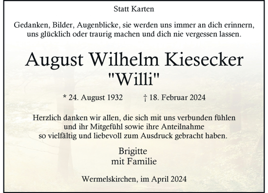Traueranzeige von August Wilhelm Kiesecker von Rheinische Post