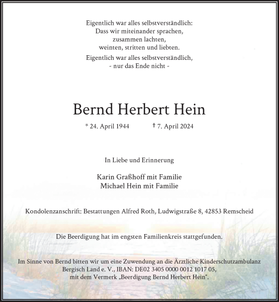 Traueranzeige von Bernd Herbert Hein von Rheinische Post