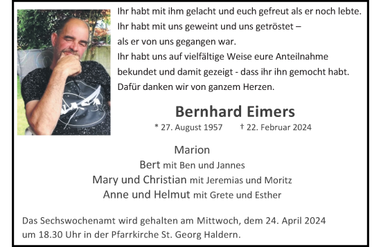 Traueranzeige von Bernhard Eimers von Rheinische Post